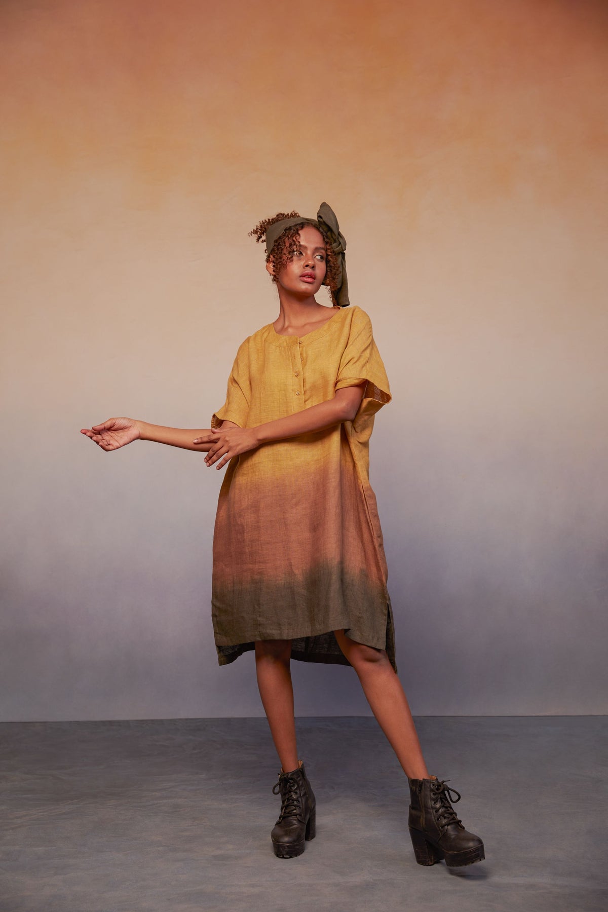 ombre block dress mustard + cocoa + deep green